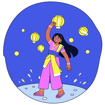 A Bengali girl wearing a colorful traditional saree. She has long black hair flowing down her back and a joyful expression on her face. In her hands, she gently releases a round paper lantern into the night sky. The lantern is illuminated from within, casting a warm glow. Surrounding her are other lanterns softly rising into the dark blue sky, reflecting the excitement of the festival. The ground is adorned with small lights and decorations, adding to the festive atmosphere.