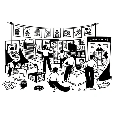 A bustling marketplace scene filled with numerous stalls. Each vendor displays large stacks of pages featuring intricate illustrations of different stories. People are gathered around the stalls, some examining the pages closely, while others engage in animated discussions. Banners hang overhead, showcasing various genres of stories. The ground is scattered with loose pages and various items related to storytelling, such as quills and inkwells. The atmosphere is lively, with the interaction of people and the array of illustrated pages creating a vibrant scene.