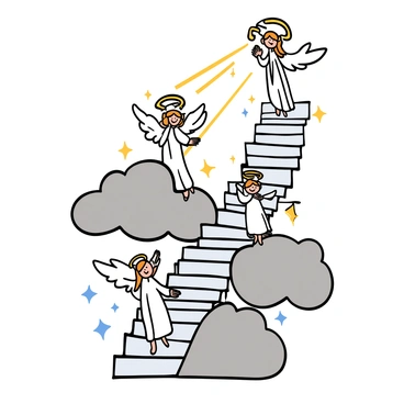 A heavenly staircase made of shimmering white marble spiraling upward into the clouds. Ethereal angels with delicate wings and glowing halos are seen ascending and descending the staircase. Some angels are wearing flowing white robes, while others have outfits adorned with golden details. Soft beams of light illuminate the scene, casting a radiant glow on the staircase and the surrounding clouds. The atmosphere is filled with a sense of peace and divine beauty.