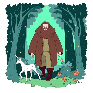 A large figure of Hagrid is walking through a dense Forbidden Forest. Hagrid, with his wild hair and bushy beard, is dressed in a brown coat and his signature large boots. Tall, leafy trees tower around him, their branches intertwining and creating a canopy overhead. Surrounding Hagrid are various magical creatures, including a small, white unicorn prancing beside him, a teal centaur peering from behind a tree, and a group of curious orange fairies fluttering in the air. The soft glow of magical lights illuminates the scene, casting a gentle light on Hagrid and the creatures.