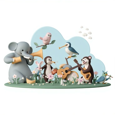 A group of animals of various species gathered in a lush green meadow, playing musical instruments together. A cheerful elephant is holding a large trumpet with its trunk, while a playful monkey is strumming a guitar. A wise owl is perched on a branch, playing a flute, and a rabbit is joyfully beating a tambourine with its paws. Nearby, a fox is tapping on a drum, and a parakeet is singing melodiously into a microphone. The meadow is filled with vibrant wildflowers and a clear blue sky above, creating a lively atmosphere for this unique musical gathering.
