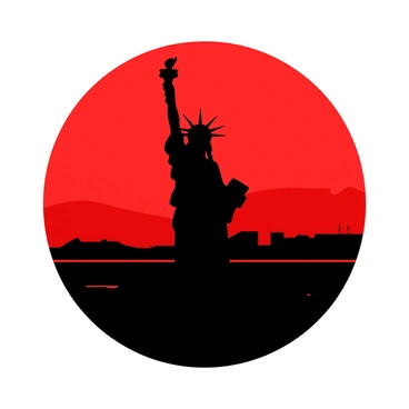 A vibrant red sun is rising behind a black silhouette of the Statue of Liberty. The statue is positioned prominently in the foreground, its details obscured by the bright light of the sun. The sun's rays cast a soft glow around the edges of the statue, enhancing its majestic posture. In the background, the sky transitions from deep black at the horizon to lighter shades as the sun ascends, creating a sense of hope and new beginnings.
