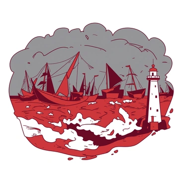 A red harbor is filled with numerous ships struggling against the high waves. The sky above is dark and ominous, with heavy gray clouds swirling. The ships have their sails furled, and some are listing to one side as water splashes against their hulls. In the foreground, a white lighthouse stands firm, its light shining brightly through the stormy weather. Debris and splashes of water can be seen flying through the air, adding to the chaotic scene.