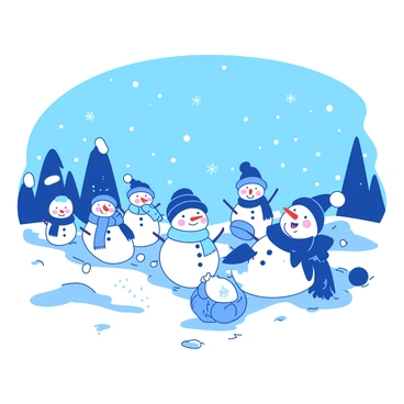 A blue winter landscape is filled with small colorful figures enjoying the snow. Several "open peeps" are joyfully playing in the bright white snow, building three cheerful snowmen. Each snowman has a unique scarf and carrot nose, giving them personality. Nearby, a group of peeps is engaged in an energetic snowball fight, throwing snowballs at each other while laughing. Snowflakes gently fall from the sky, adding to the winter wonderland atmosphere. The scene captures the joy and excitement of a snowy day.