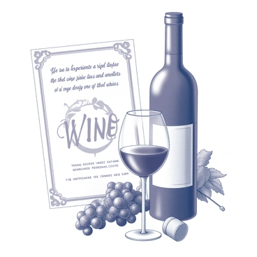 An elegant invitation design for a wine tasting event. The centerpiece includes a detailed illustration of a "bottle of red wine" with a prominent label displaying the name of the wine. Next to the bottle, there is a finely crafted "glass of red wine" showcasing the wine's rich texture, with reflections visible on the glass. Surrounding these main elements, there are decorative accents such as grapevines and wine corks, adding to the theme of the event. The text invites guests to experience the rich flavors and aromas of the selected wines.