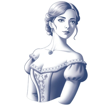A close-up view of a woman's gown from the Regency era. The dress features intricate embroidery along the neckline and sleeves, showcasing floral and vine patterns. Delicate lace trim adorns the edges, adding elegance. The woman is wearing a decorative brooch at the collar, and her hair is styled in soft waves, with a few strands elegantly framing her face. A pair of drop earrings glint subtly, completing the look. The gown's fabric appears textured, emphasizing the craftsmanship of the period.