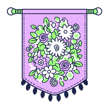 A tapestry hangs elegantly on a wall, showcasing an intricate floral pattern. The design features an array of flowers including roses, daisies, and lilies, intertwined with leaves and vines. Each flower is detailed with multiple petals and textures, creating a rich visual depth. The tapestry's edges are adorned with ornate stitching, adding to its complexity. The background consists of a subtle, flowing texture that complements the vibrant flowers without overpowering them.
