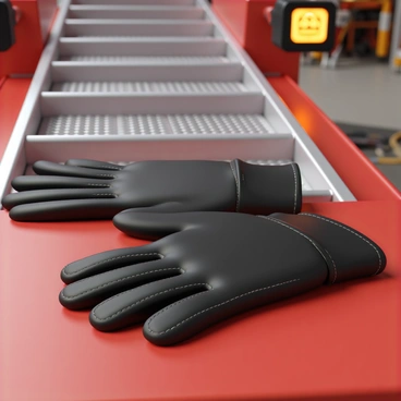 A pair of heavy-duty firefighter gloves, made of thick black leather with reinforced stitching, is resting on the bright red surface of a fire truck. The fire truck features large silver ladders and bright yellow emergency lights. The gloves are positioned with fingers slightly curled, showcasing their sturdy design. The background includes a blurred view of a fire station, with hoses and equipment neatly arranged.