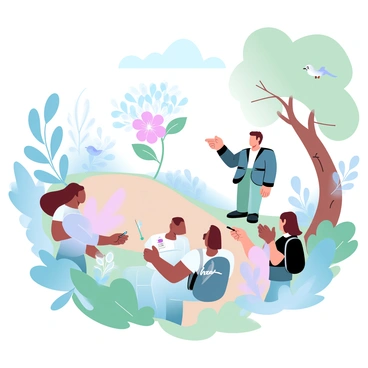 A guide is standing on a wooded trail, gesturing towards a vibrant cluster of wildflowers. Surrounding the guide are enthusiastic hikers, some jotting down notes, while others are pointing toward a nearby tree with distinct bark. In the background, there are various plants with lush green leaves and a few small animals, like a squirrel and a bird perched on a branch. The scene captures a sense of exploration and connection to nature.