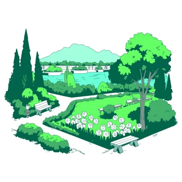 Lush green gardens are flourishing along the banks of the Euphrates River. The gardens are filled with a variety of vibrant plants and flowers, creating a rich tapestry of greenery. In the background, the river flows gently, reflecting the greenery surrounding it. There are elegant pathways winding through the gardens, bordered by neatly trimmed hedges. The scene is dotted with ornate stone benches where visitors can sit and enjoy the tranquil environment. A few tall trees provide shade, their leaves rustling softly in the breeze.