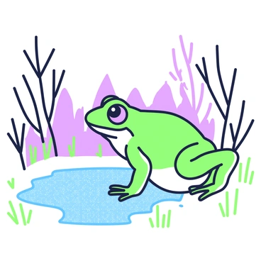 A tree frog is perched on the edge of a frozen pond. The frog has bright green skin and large, round eyes, which are focused on the surface of the pond. The pond is covered with a layer of ice crystals that sparkle in the light. The surrounding area is filled with leafless branches and patches of grass peeking through the frozen ground. The tree frog's feet are positioned carefully on a patch of bare earth, showcasing its webbed toes. In the background, silhouettes of trees can be seen against the sky.