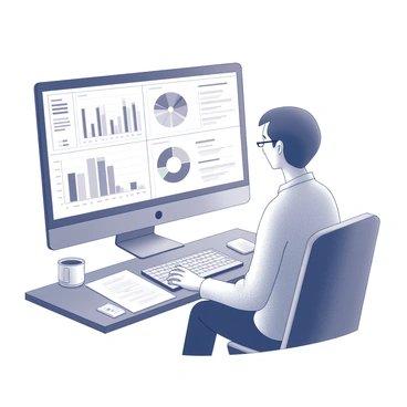 A data analyst is seated in front of a large computer screen displaying various charts and graphs. The analyst is focused intently on the data visualizations, with one hand resting on the keyboard and the other hand holding a pen, poised to take notes. The screen is filled with intricate bar charts, line graphs, and pie charts, each representing different metrics from the contact form submissions. The room is equipped with a large desk, and there are scattered papers and a coffee mug nearby, indicating a busy work environment. The overall atmosphere conveys concentration and the analytical process.