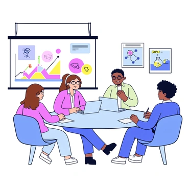 A group of researchers gathered at a round table in a conference room. One researcher, a woman with glasses and brown hair tied back, is presenting her findings on tuberculosis with a laptop open in front of her. Around the table, three other researchers listen attentively, taking notes on notepads. A large screen behind them displays a colorful graph illustrating the statistics of tuberculosis cases. The room is decorated with scientific posters related to infectious diseases on the walls. Bright overhead lights illuminate the scene, creating a focused atmosphere for discussion.