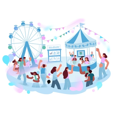 A bustling carnival scene filled with vibrant rides in various colors, such as a towering Ferris wheel and a carousel adorned with intricate designs. Groups of people, including families and friends, are enjoying the festivities. Some individuals are holding balloons, while others are munching on cotton candy and popcorn. Colorful banners and streamers are strung across the area, adding to the festive atmosphere. In the background, a game booth is visible, where people are trying their luck at winning prizes.