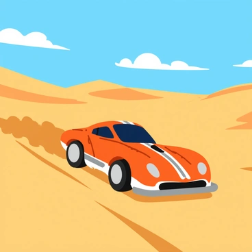 A high-speed race car kicking up dust in a vast desert landscape