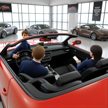 A car salesman with short brown hair and wearing a blue suit is sitting in the driver's seat of a shiny red sports car. He is gesturing towards the dashboard, highlighting various features such as a touchscreen navigation system and climate control dials. The interior of the car is sleek, with black leather seats and metallic accents. Beside him, a potential buyer with long dark hair is attentively listening, seated in the passenger seat with a notepad ready to take notes. The showroom is bright, with various other cars displayed in the background and large windows letting in natural light. "Test Drive Experience" is written on a banner hanging in the showroom.