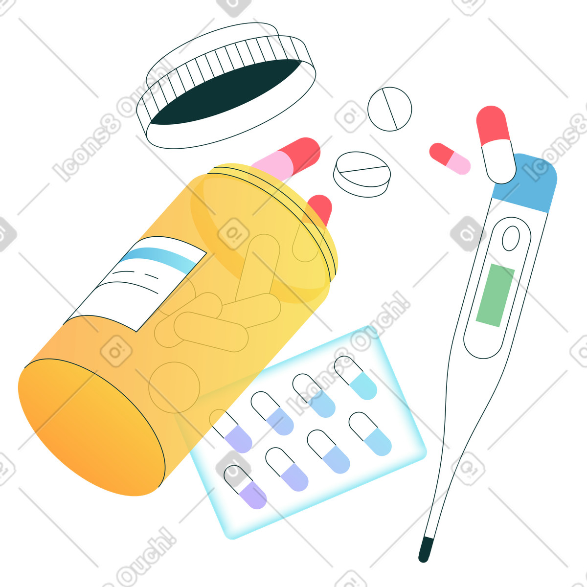 Medicinali e un termometro digitale illustrazione animata in stile Florid scaricabile in GIF, Lottie (JSON), AE