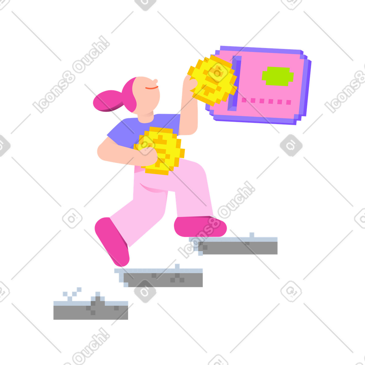 Illustration animée Femme mettant de l'argent dans un portefeuille numérique le style 8bit à télécharger aux formats GIF, Lottie (JSON), AE