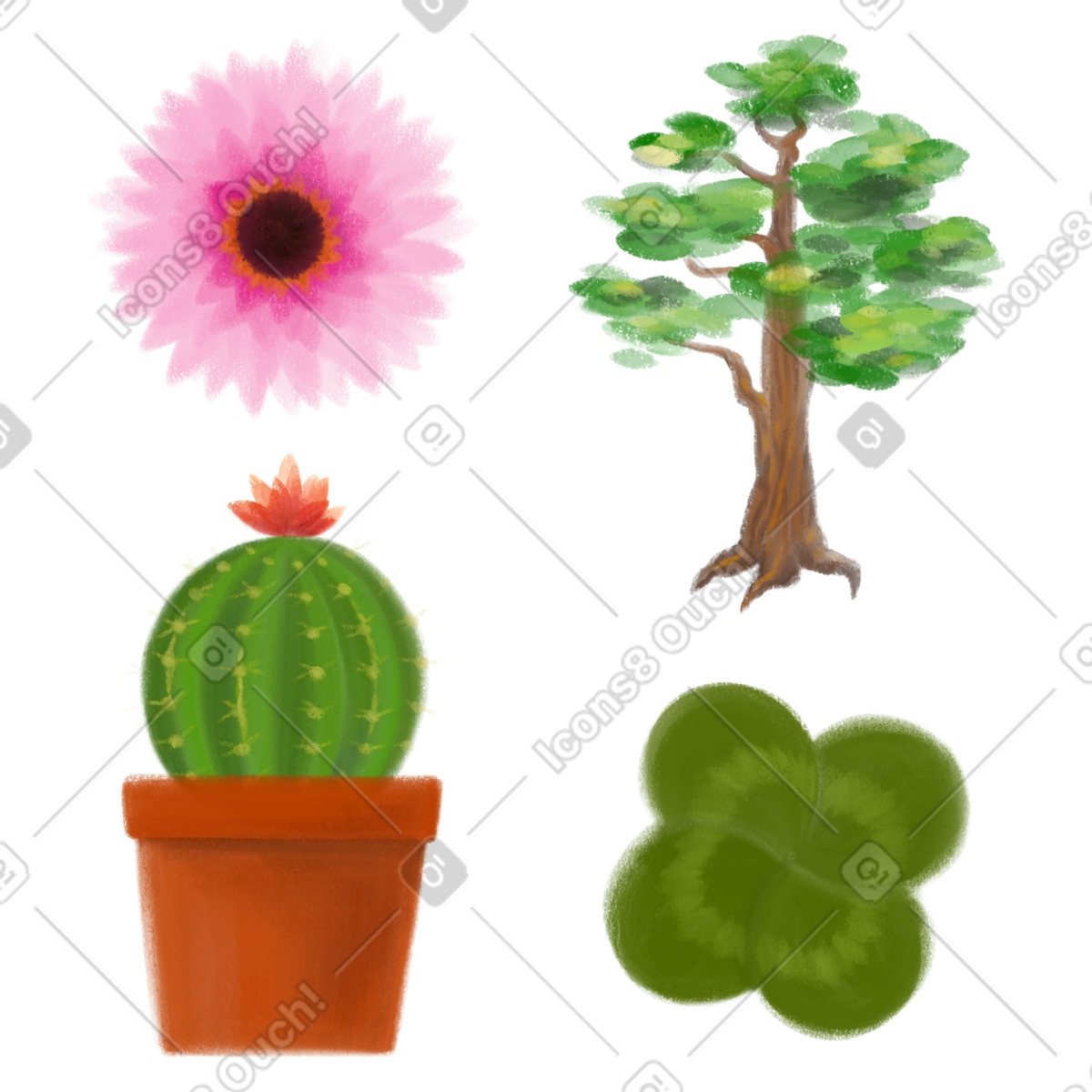 Piante: fiore, albero, cactus e trifoglio illustrazione in stile Mushy scarica in PNG, SVG