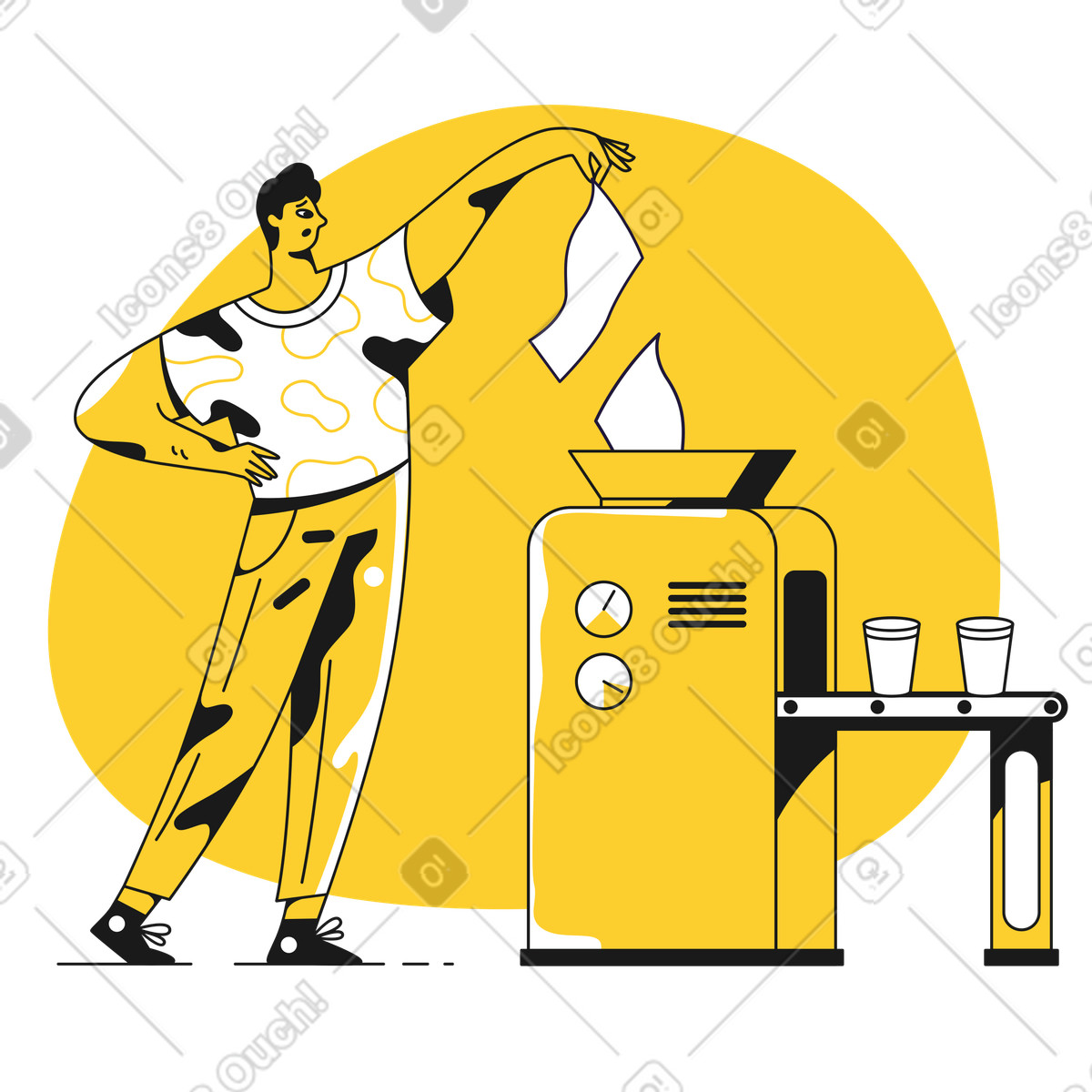 Illustration Un homme recycle du papier dans des gobelets le style Taxi à télécharger aux formats PNG, SVG