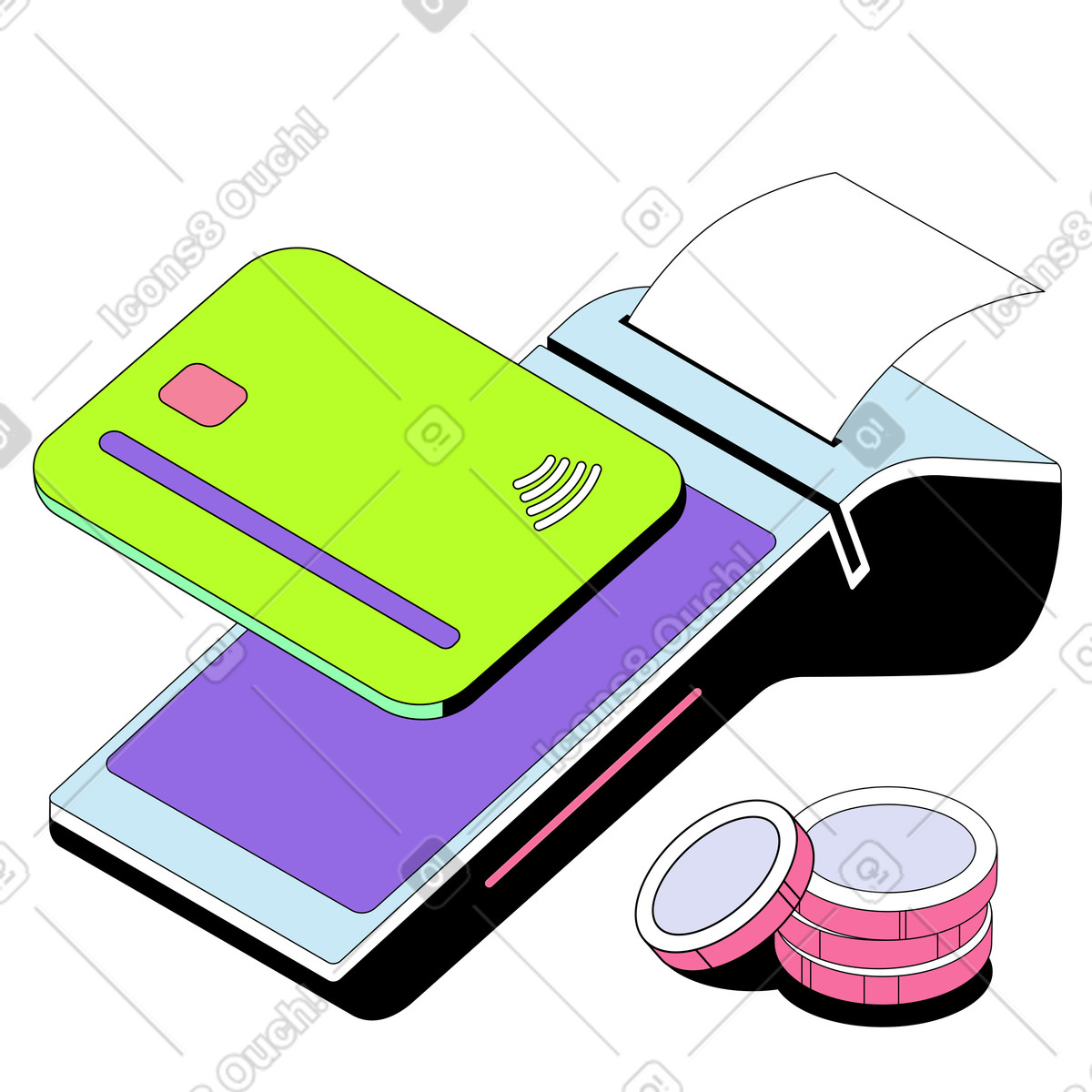 Contactless card with POS terminal and coins, Electronic payment retail checkout illustration in Project style download in PNG, SVG