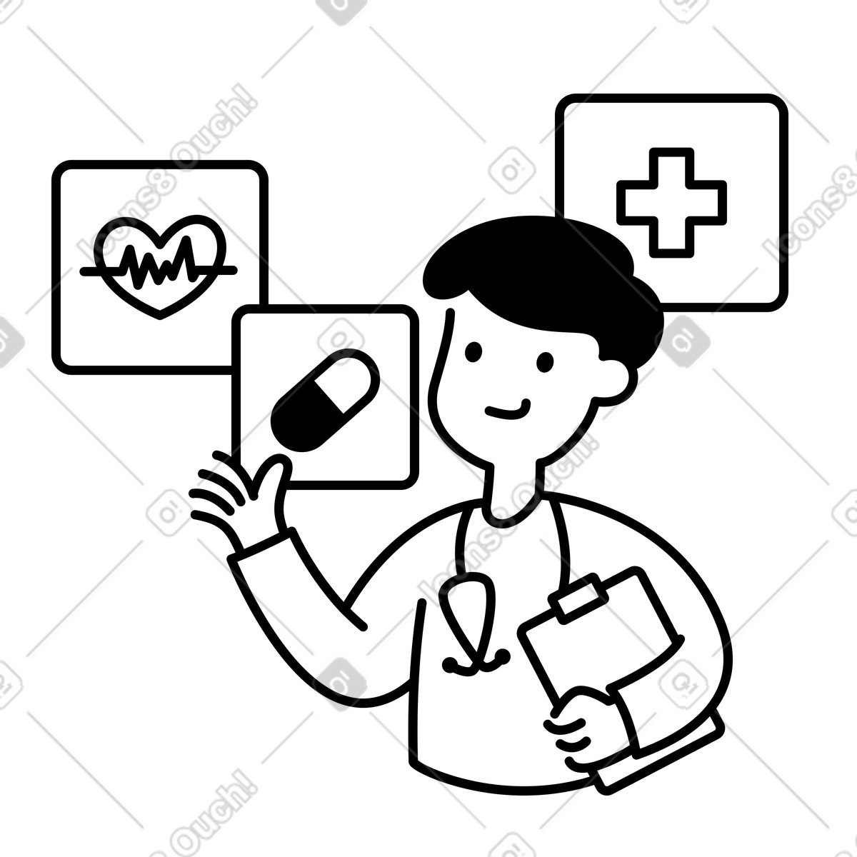 Physician reviewing patient chart with heart rate and pharmacy symbols-Illustration im Notion Line Art-Stil als Download in PNG, SVG