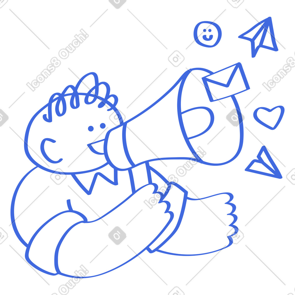 Illustration Marketing character holding megaphone promoting newsletter messages and customer engagement dans le style Ballpoint Pen à télécharger aux formats PNG, SVG