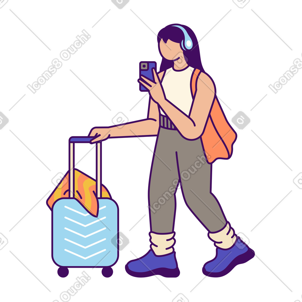 Tourist with headphones and baggage taking selfie, travel lifestyle animierte Illustration im Simplistic-Stil als Download in GIF, Lottie (JSON), AE