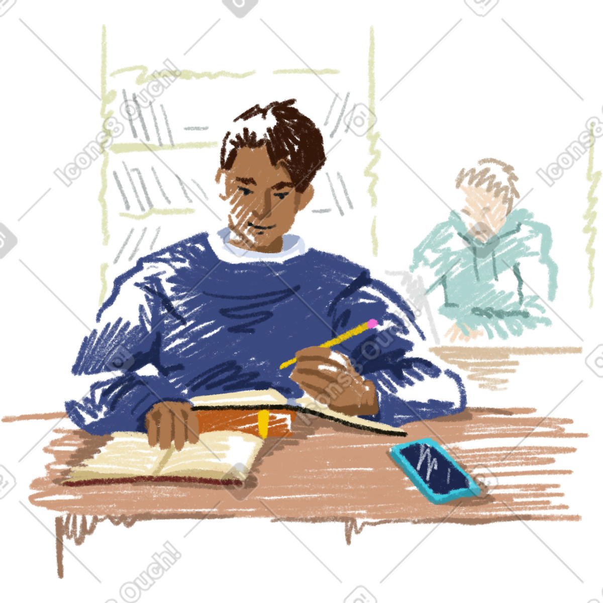 Young man in classroom illustration studying clipart graphic available in GIF