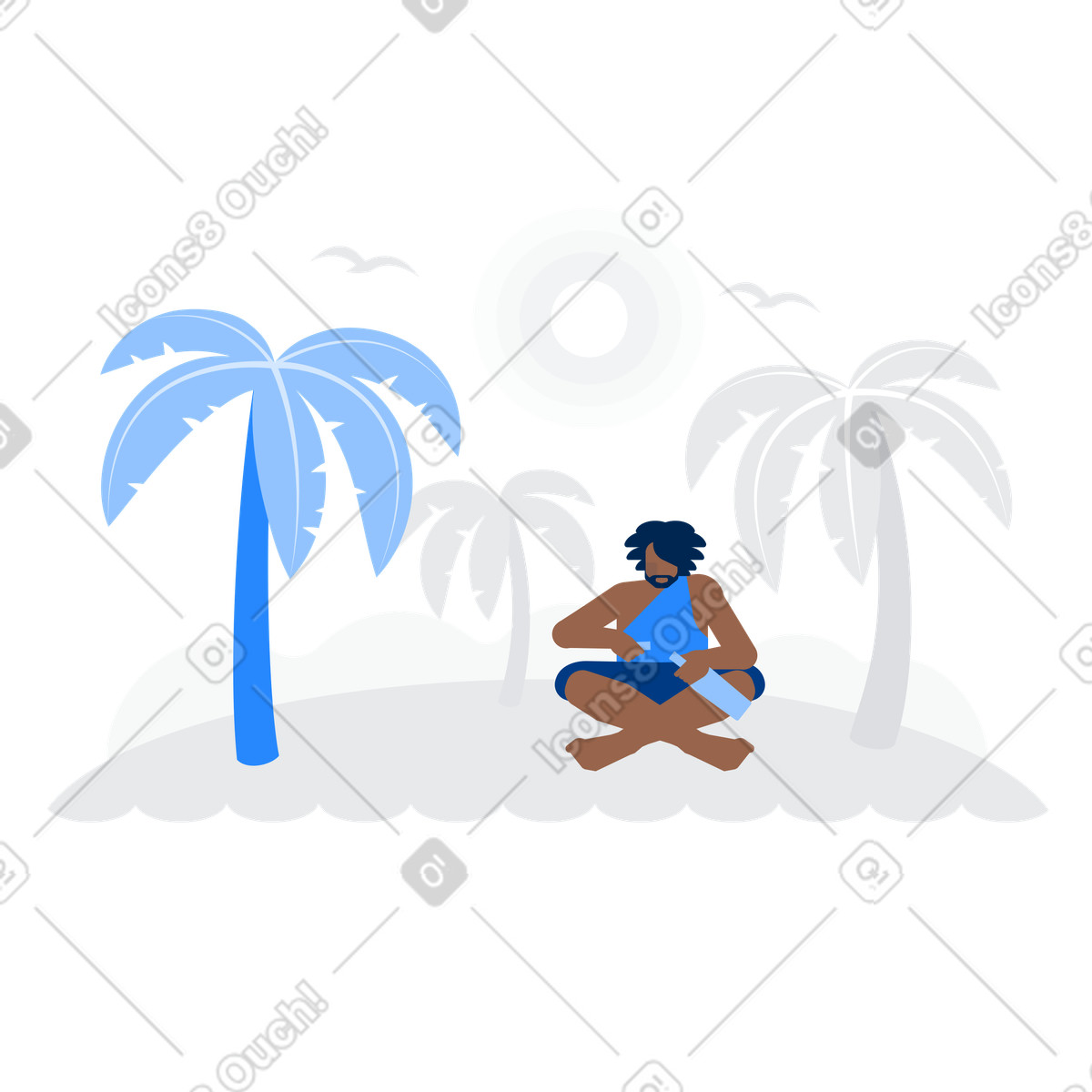 Reading message from bottle under palm trees, Island communication and isolation illustration in Urban style download in PNG, SVG