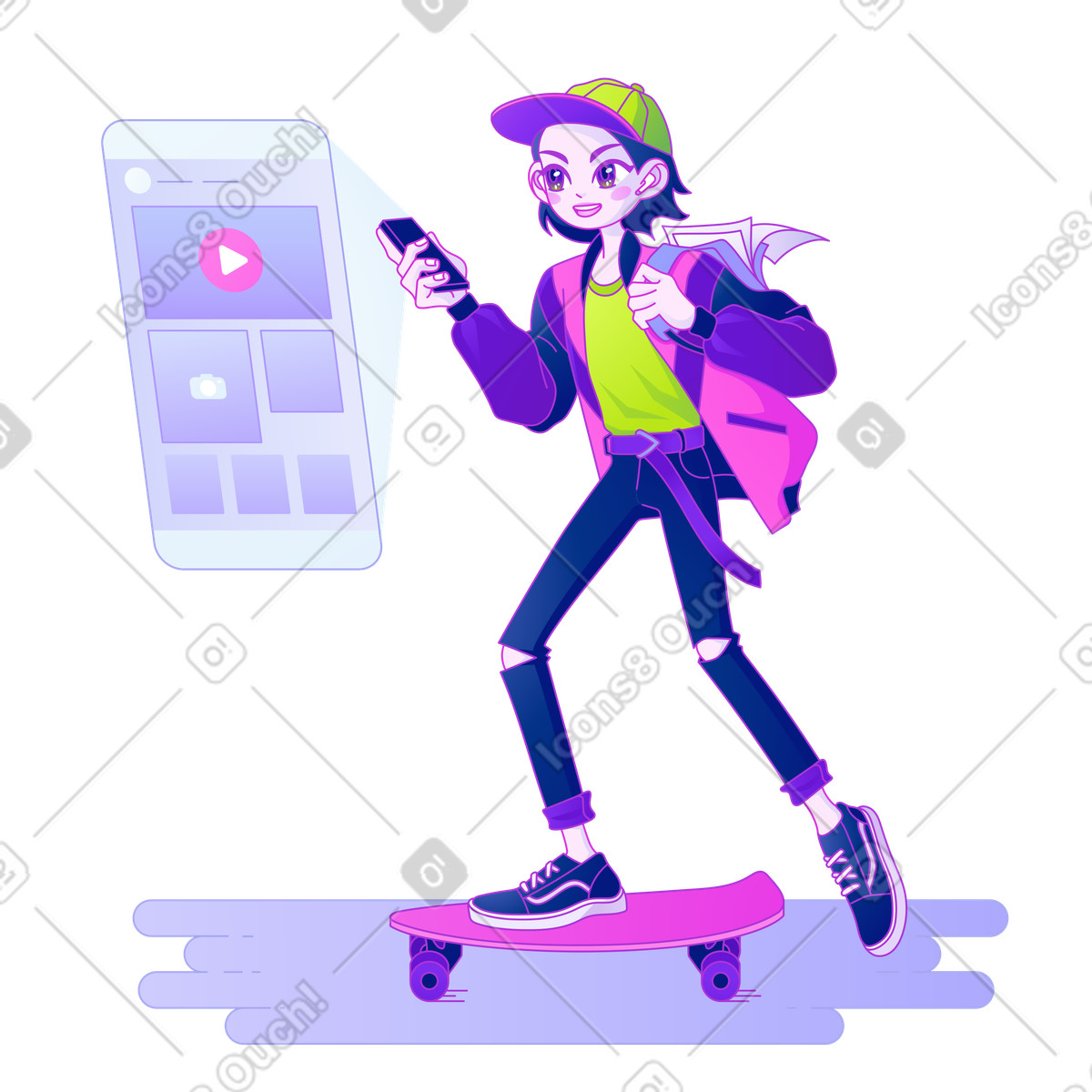 Ilustración Adolescente monta una patineta mientras mira videos en estilo Experimental a descargar en PNG y SVG