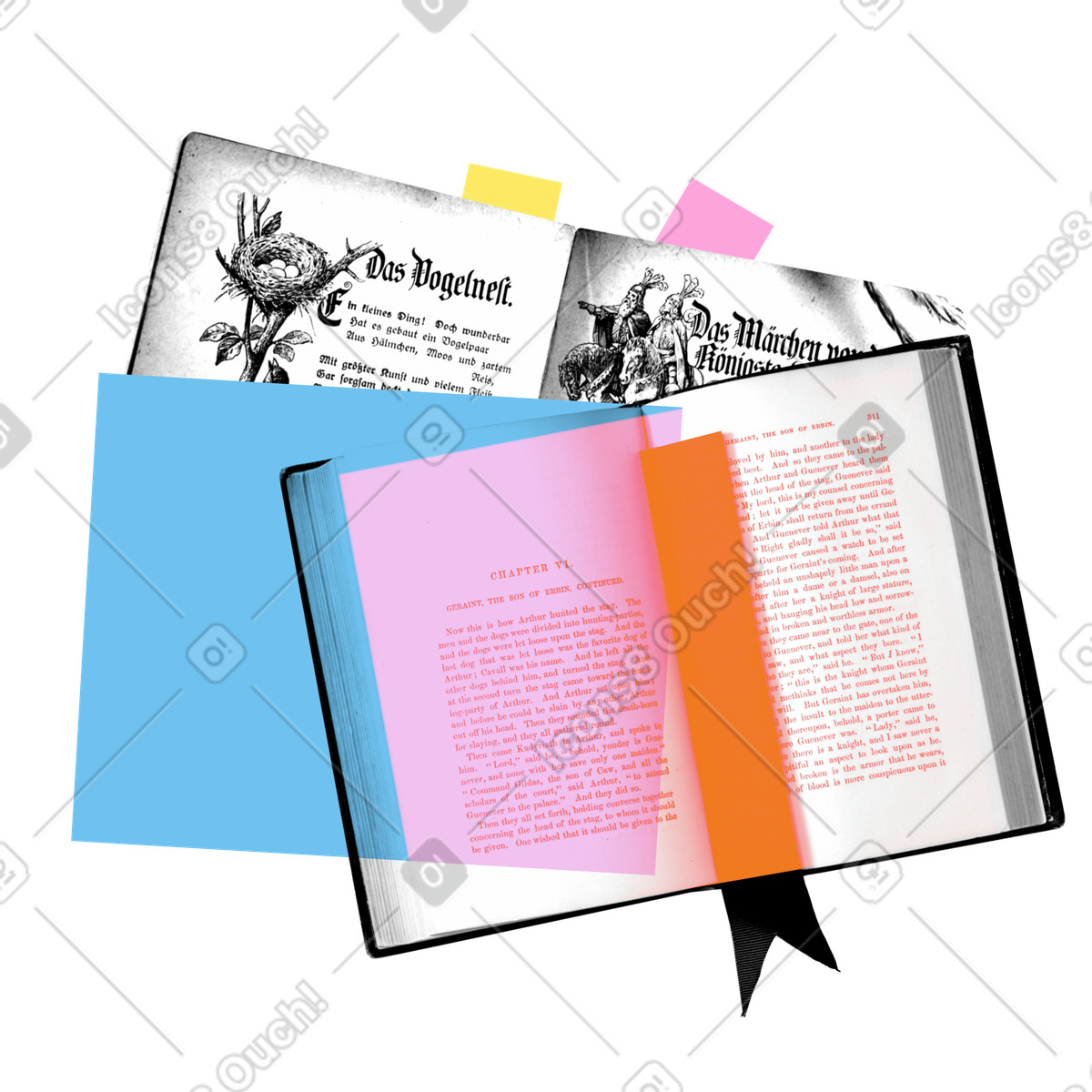 下载 Print 风格的 一堆带书签的书 插画，支持 PNG、SVG 格式