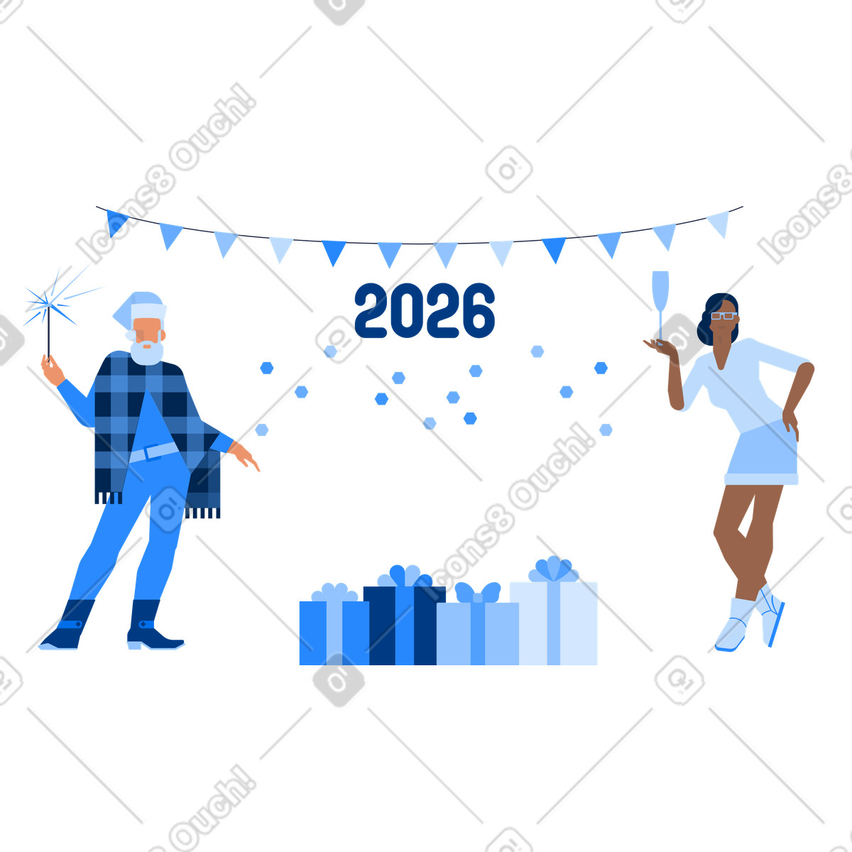 Ilustración Colleagues exchanging gifts at holiday party, New Year 2026 celebration en estilo Urban a descargar en PNG y SVG