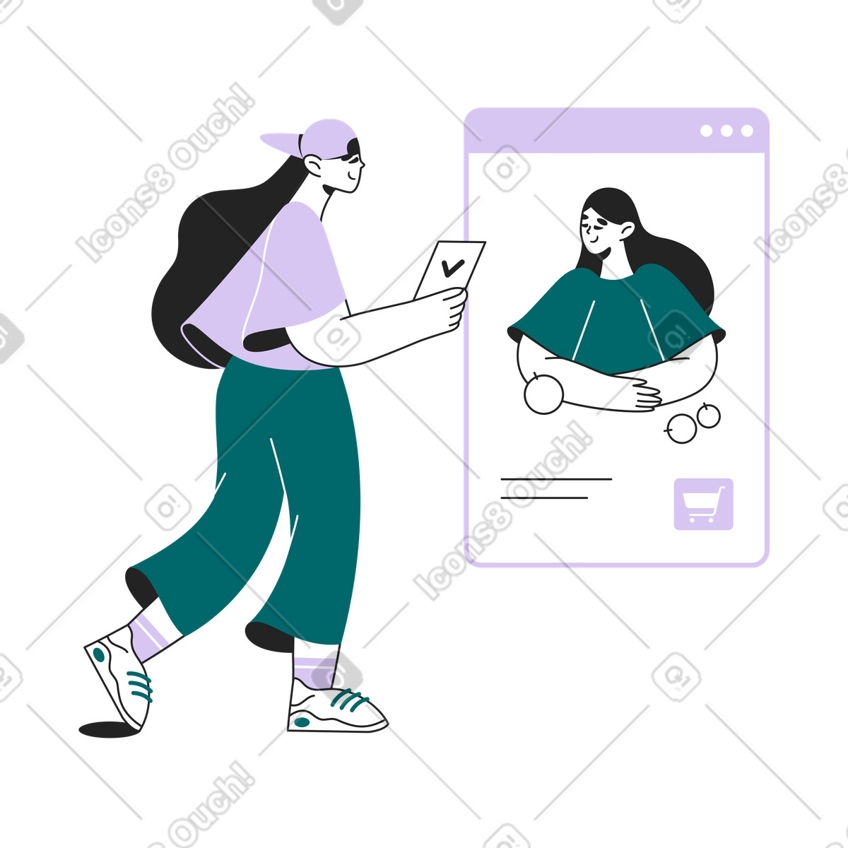 Frau recherchiert ein gemälde, um es online zu kaufen-Illustration im Sammy Line-Stil als Download in PNG, SVG