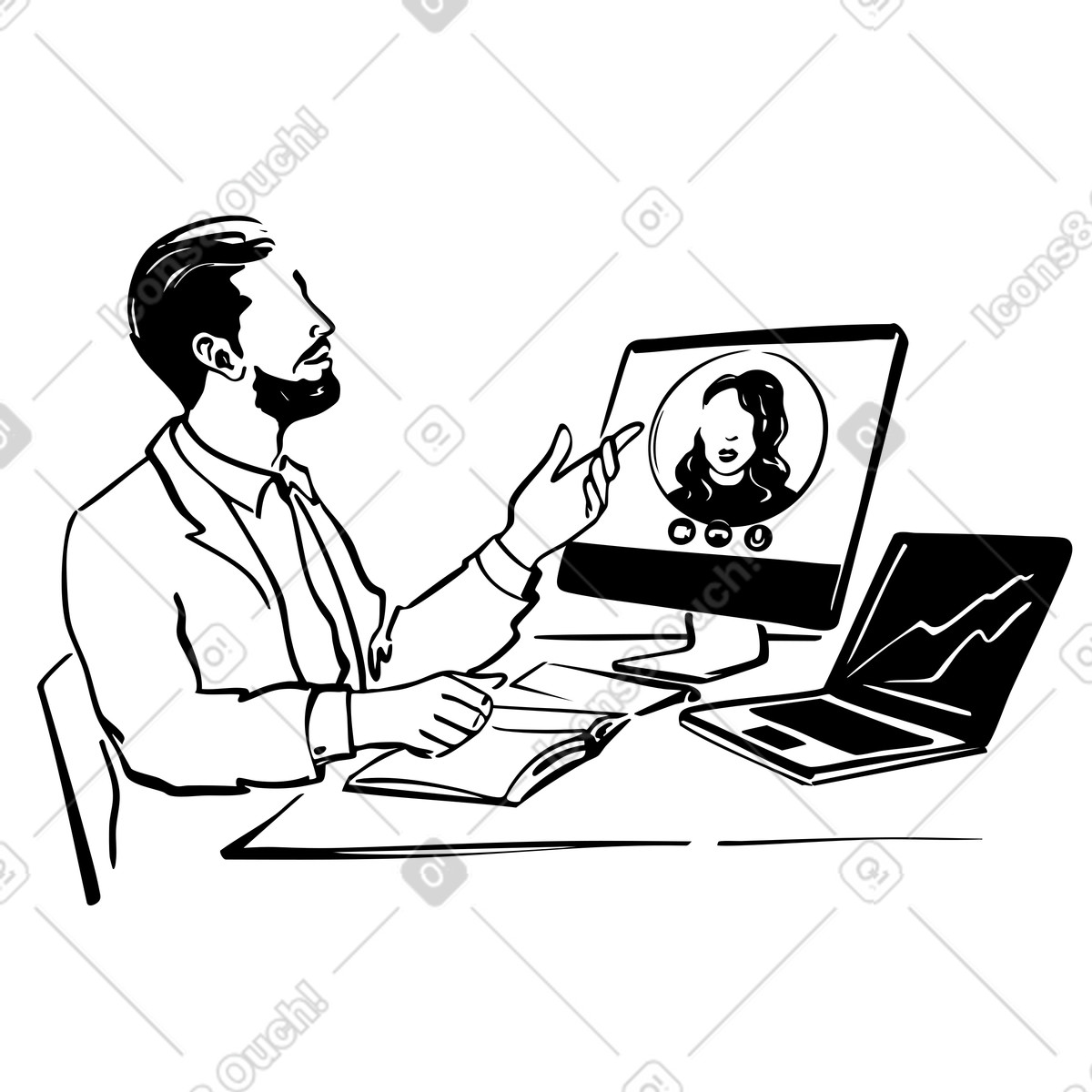 Fachleute treffen sich online zur datenanalyse, finanzberatung und unternehmensberatung.-Illustration im Line-Stil als Download in PNG, SVG