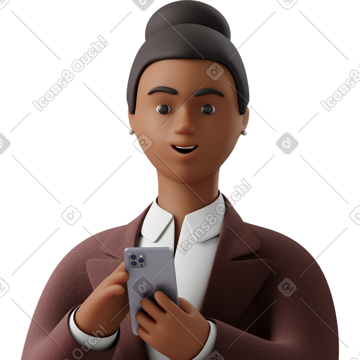 Illustration Close up of black businesswoman in brown suit with phone looking straight dans le style 3D Business à télécharger aux formats PNG, SVG