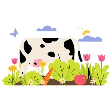 A cow with black and white spots is gently leaning over a colorful vegetable garden. The garden is filled with various plants, including bright green lettuce, orange carrots, and red tomatoes. Beside the vegetables, there are flowers blooming in vibrant colors, such as yellow daisies and pink tulips. The cow is curiously looking at the plants, with a few butterflies fluttering around. The scene is sunny with a clear blue sky overhead, enhancing the lively atmosphere of the garden.