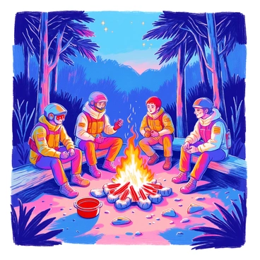 A group of operators from different factions is gathered around a campfire in a clearing surrounded by tall trees. The firelight casts warm glows on their faces as they sit on logs and rocks, creating a cozy atmosphere. Each operator has distinct features and attire representing their respective factions. One operator, wearing tactical gear, animatedly gestures while recounting a story, while another, in a more casual outfit, listens intently with a smile. A third operator, dressed in a uniform with badges, leans forward, clearly invested in the conversation. In the background, the shadows of the forest create a sense of depth as a few stars peek through the canopy above. Nearby, a pot hangs over the fire, hinting at a shared meal.