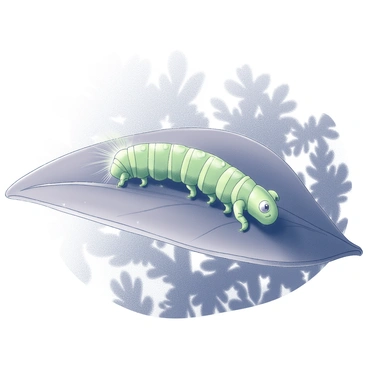 A green caterpillar is crawling along the edge of a large leaf. The surface of the leaf is covered in droplets of dew, glistening in the light. The caterpillar has a segmented body with fine hairs, demonstrating intricate details along its back. The leaf is broad, with pronounced veins running through it, emphasizing its size and texture. The background consists of blurred foliage, enhancing the focus on the caterpillar and the leaf.