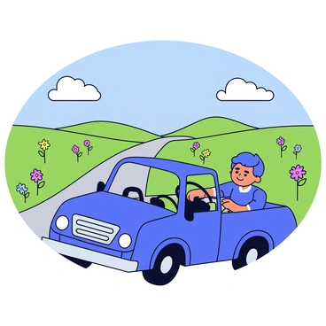 A potential buyer is seated in a blue truck, driving along a winding countryside road. The road is bordered by lush green fields filled with wildflowers in various colors. In the background, rolling hills rise gently under a clear blue sky. A few fluffy white clouds drift across the horizon. The buyer is focused on the drive, with a look of determination on their face. The interior of the truck is visible, showcasing a modern dashboard and comfortable seating.
