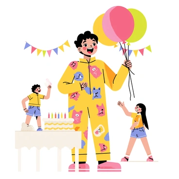 A cheerful child wearing a colorful, animal-themed jumpsuit with bright patterns featuring cartoon animals. The child is smiling widely while holding a bunch of colorful balloons. Around them, there are festive decorations like streamers and a large cake with candles on a table. Other children are visible in the background, playing games and laughing, adding to the joyful atmosphere of the birthday party.