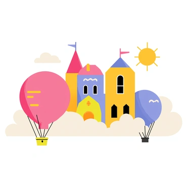 A whimsical city with colorful buildings perched on large, round floating balloons. The balloons are in various shades of pink, blue, and yellow, gently drifting among fluffy white clouds. Each building has unique designs, featuring pointed roofs, round windows, and vibrant facades. Some of the balloons have decorative patterns and strings trailing down, while the clouds are soft and puffy, creating a dreamy atmosphere. A bright sun shines in the background, casting a warm glow over the scene.