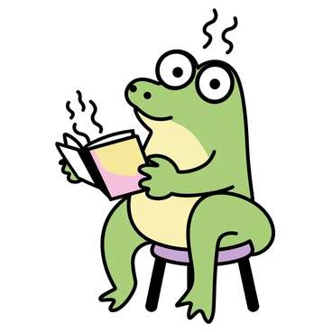 A green toad with smooth skin is sitting on a small wooden stool. It is wearing round glasses that rest on its snout. The toad is holding a steaming teacup in one hand, with wisps of steam visibly rising from it. In its other hand, it holds a tiny book with a colorful cover, open to reveal small text. The toad is focused on reading, with its eyes peering through the glasses as it sits comfortably.