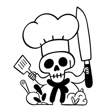 A detailed illustration of a skull wearing a large chef's hat, prominently displaying the texture and folds of the fabric. The skull is positioned centrally, with a spatula in one hand and a large knife in the other, both held firmly. The spatula features a flat, wide blade and a long handle, while the knife has a sharp, shiny blade and a sturdy grip. In the background, there are hints of kitchen utensils and pots, adding to the culinary theme.