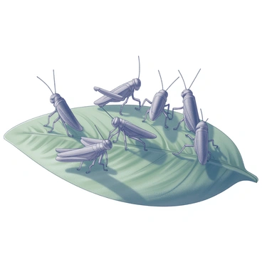 A cluster of juvenile grasshoppers is perched on a large green leaf. Each grasshopper is in an early growth stage, displaying their small, yet distinct body shapes. The grasshoppers vary in size, with some just beginning to sprout wings while others are slightly larger. The leaf is textured with visible veins, providing a rich backdrop for the grasshoppers. The composition captures the natural environment, with a focus on the details of the grasshoppers' bodies and their interaction with the leaf surface.