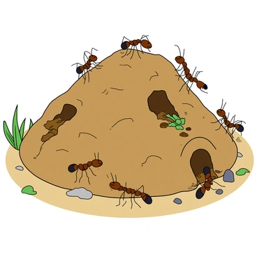 A close-up view of an ant hill, showcasing a textured mound of soil with numerous small pits and tunnels. Various ants are actively seen carrying tiny pieces of food like crumbs and leaves, while others are engaged in digging and arranging soil to expand their tunnels. The ants are different shades of brown and black, each with distinct shapes and sizes. Some ants are working together in groups, while others move independently, giving a sense of movement and activity. The surrounding area shows a few blades of grass and small stones, adding to the natural environment of the ant hill.