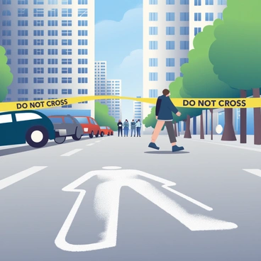 A chalk outline depicting a human figure is drawn on the pavement, clearly visible against the gray concrete. Surrounding the outline is bright yellow police tape, which is marked with the words "DO NOT CROSS." The scene takes place in a busy city street, with blurred silhouettes of pedestrians walking past. In the background, tall buildings rise, their windows reflecting the sunlight. A few parked cars are lined up along the side of the street, with a blue sky overhead and the faint outlines of trees along the sidewalk.