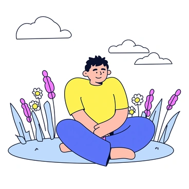 A person is sitting cross-legged on a patch of grass in a garden. The figure has their eyes gently closed and hands resting on their knees. Surrounding the person are various plants and flowers, including tall grass and blooming daisies. Above the figure, there are a few simple, stylized clouds. The overall image is created using flowing line art, emphasizing smooth curves and minimalistic shapes.