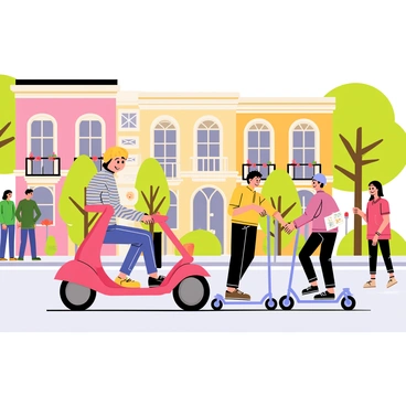 A tour guide leading a group on scooter bikes through a historic district