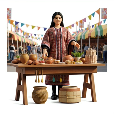 A vendor wearing traditional attire consisting of a colorful embroidered tunic and a patterned shawl. The vendor has long hair tied back and is displaying a variety of handmade crafts on a wooden table. The crafts include intricately woven baskets, pottery, and beaded jewelry. In the background, there are festival decorations with vibrant banners and people browsing the stalls. The atmosphere is lively, with colorful tents and flowers enhancing the cultural theme of the festival.